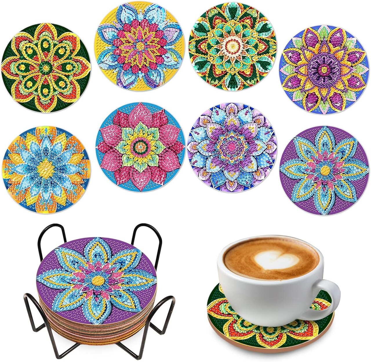 Colorful Mandala Diamond Art Coasters with Holder Set of 8, Floral Diamond Painting Kit Acrylic Drink Coasters Adult DIY Craft, 4'' Non-Slip Coffee Cup Mat Home Kitchen Decor Housewarming Gifts